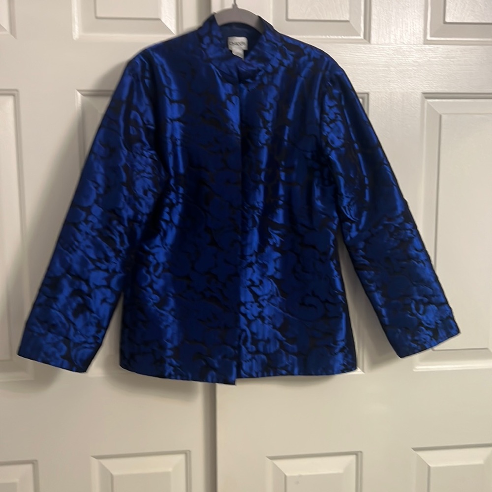 #50- Chico's Open Front Blue Brocade Metallic Long Sleeve Jacket Blazer Size 1